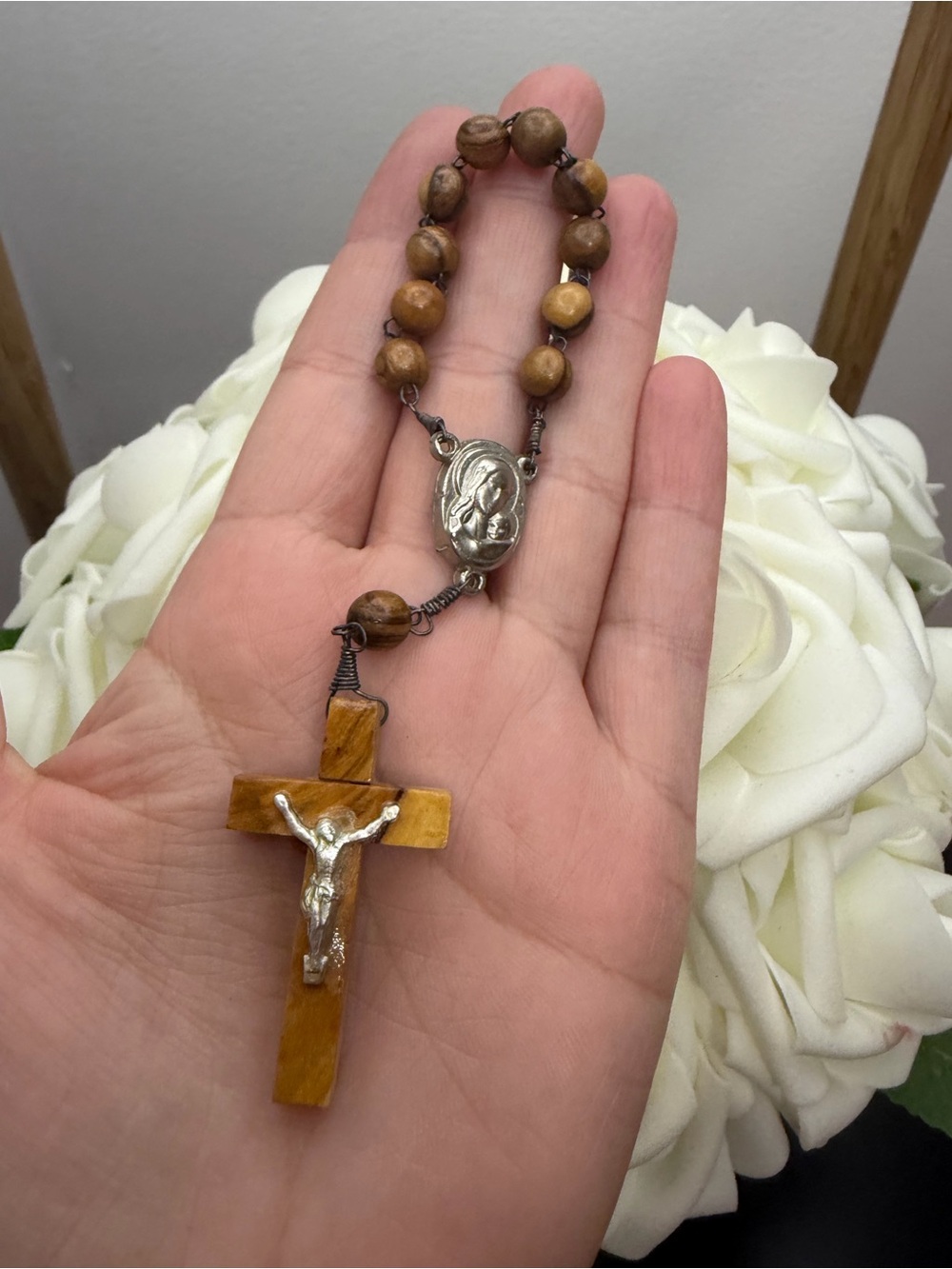 Brown Wood Bead Rosary Bracelet with Silver Crucifix